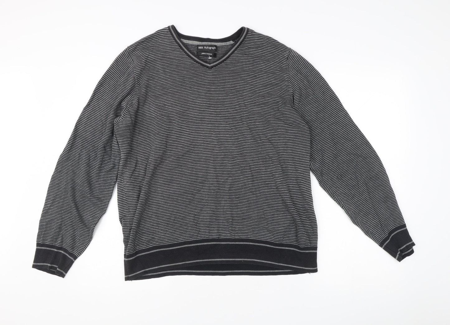 Marks & Spencer Men’s Black Striped V-Neck Cotton Jumper M