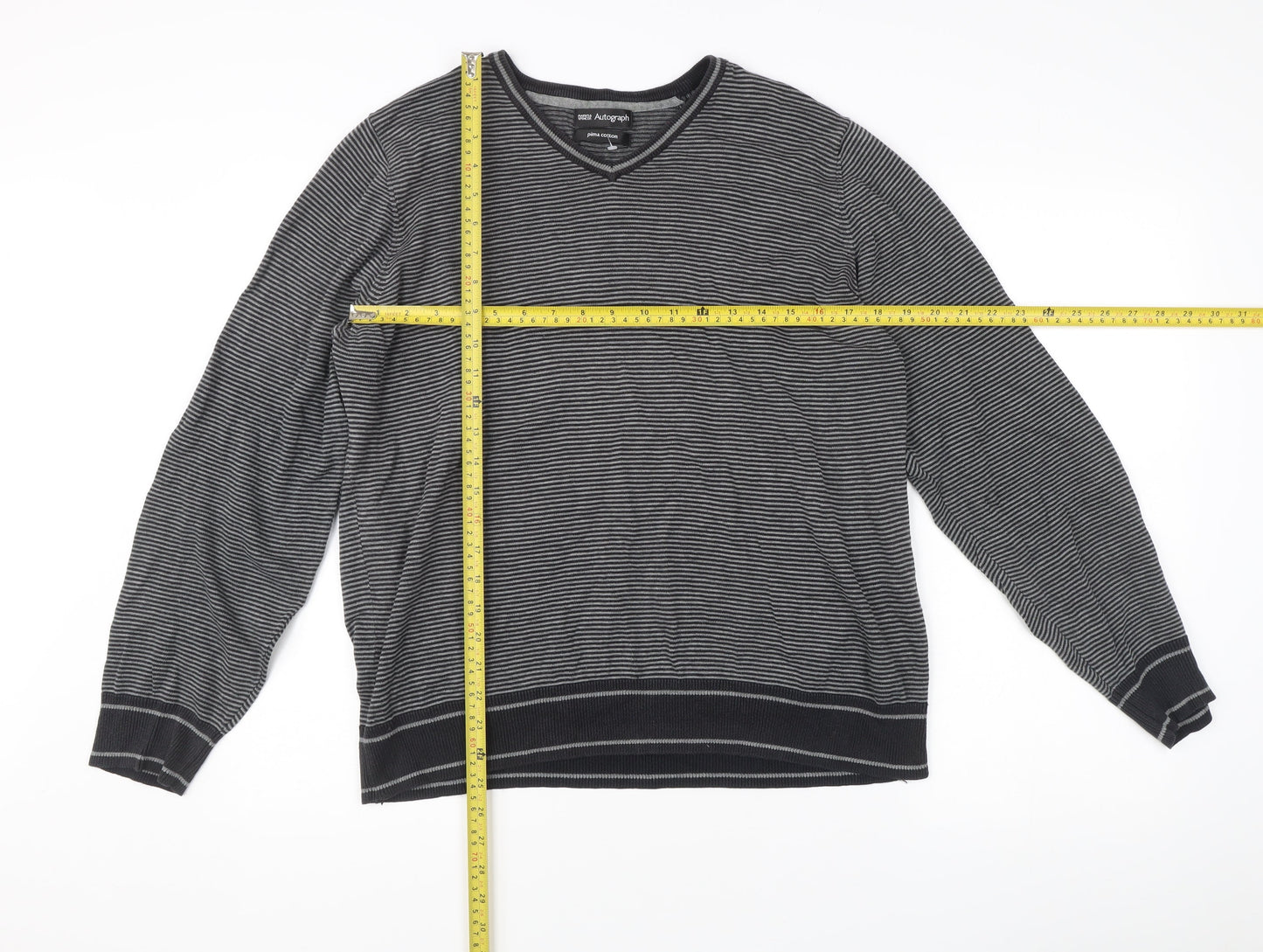 Marks & Spencer Men’s Black Striped V-Neck Cotton Jumper M