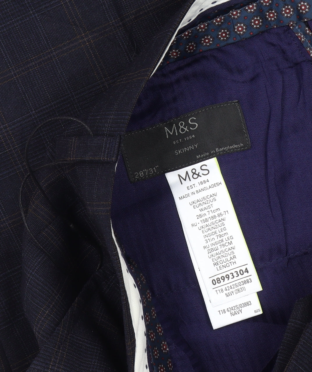 Marks and Spencer Men's Blue Check Skinny Fit Dress Trousers 28x31