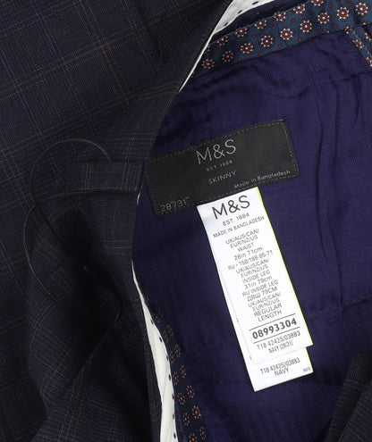 Marks and Spencer Men's Blue Check Skinny Fit Dress Trousers 28x31