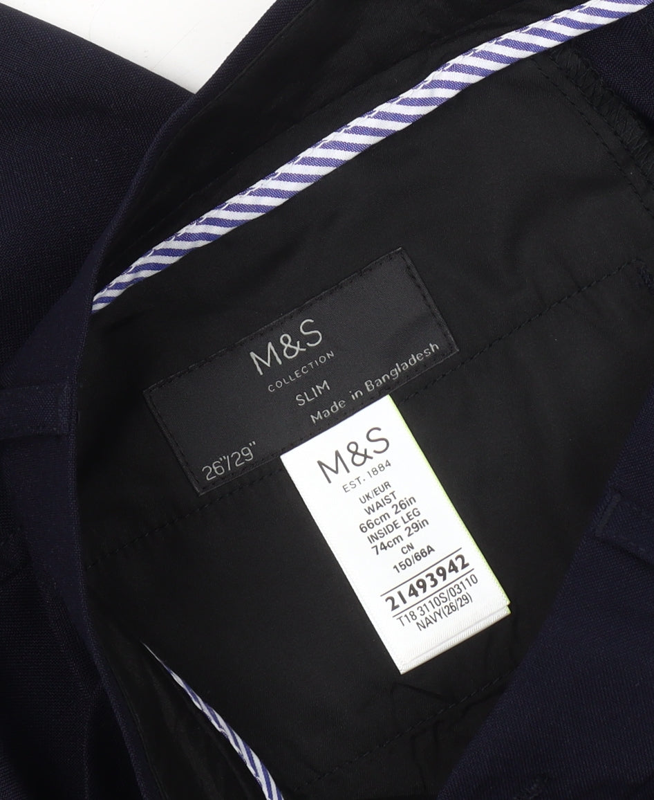 Marks and Spencer Men's Blue Slim Fit Straight Leg Trousers 26W 29L