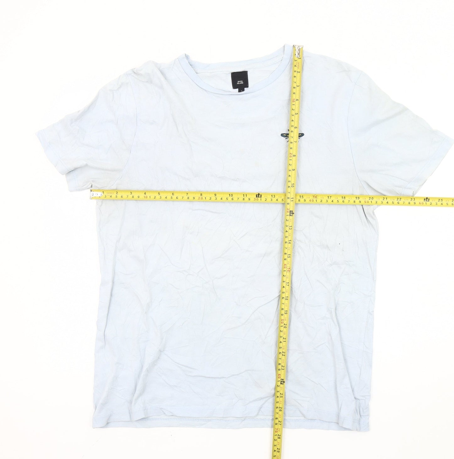 River Island Men’s Blue Cotton Crew Neck Bee Embroidered T-Shirt L