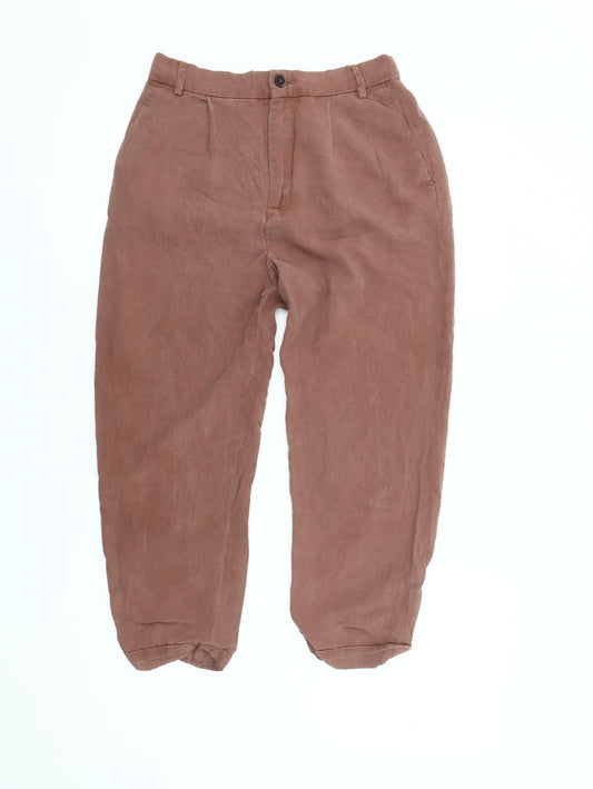 Zara Woman Women’s Brown Linen Chino Trousers XS Tapered Pleated