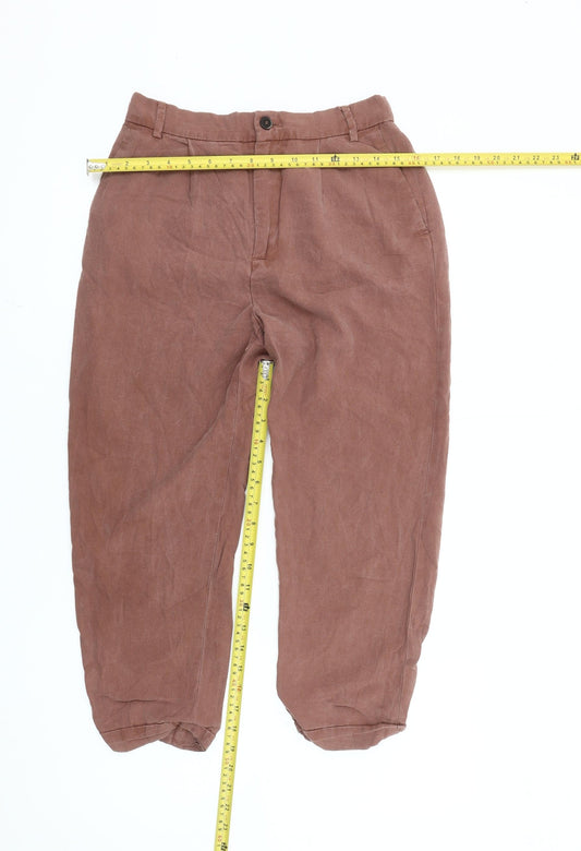 Zara Woman Women’s Brown Linen Chino Trousers XS Tapered Pleated