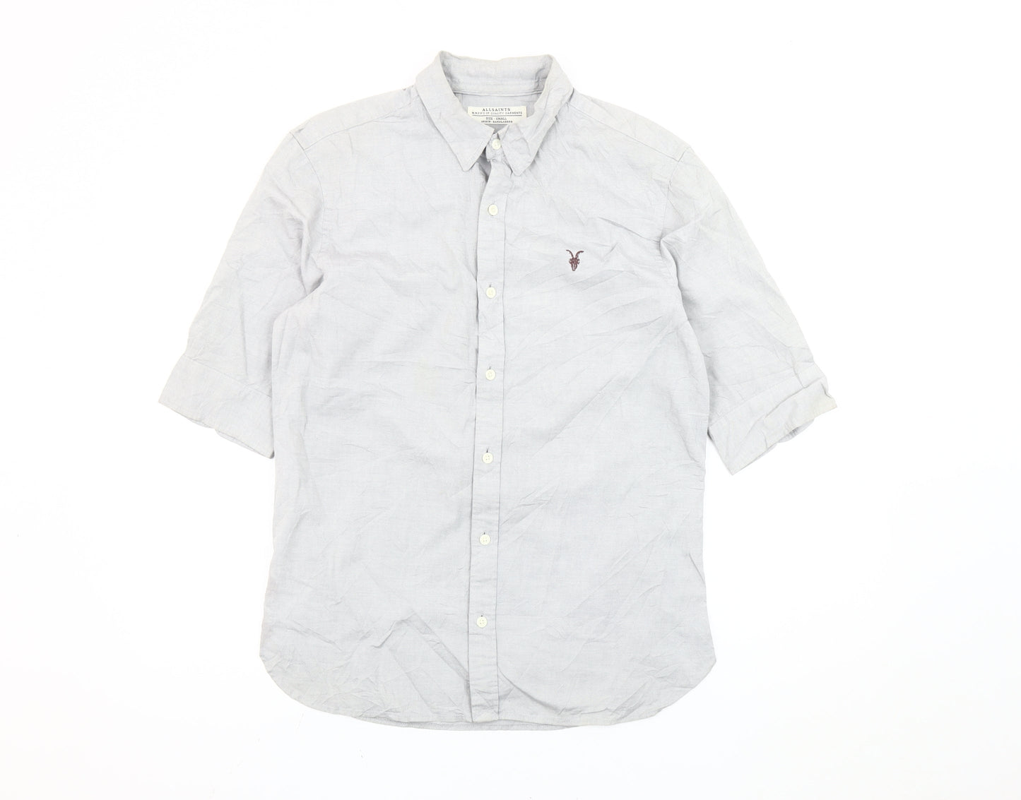 AllSaints Men's Grey Small Button-Down Collar 3/4 Sleeve Shirt