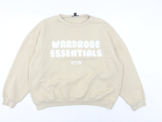 Boohoo Women Beige L Pullover Sweatshirt Crew Neck Graphic Print