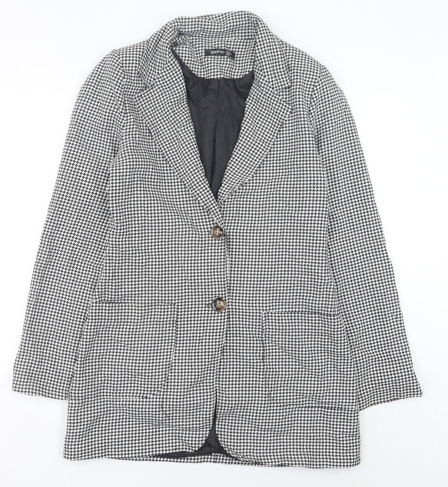 Boohoo Women’s Black Houndstooth Mid-Length Blazer UK 10