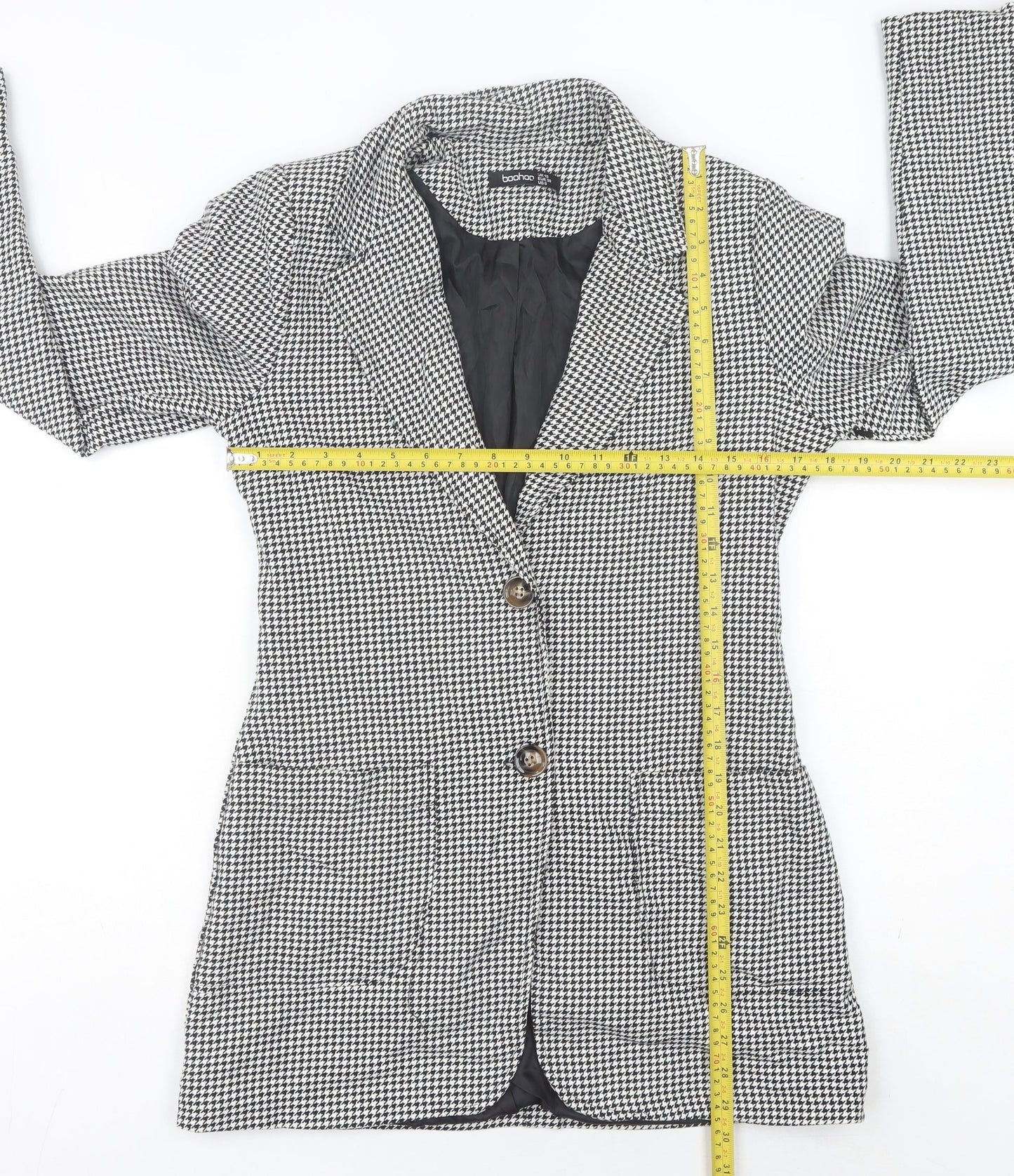 Boohoo Women’s Black Houndstooth Mid-Length Blazer UK 10