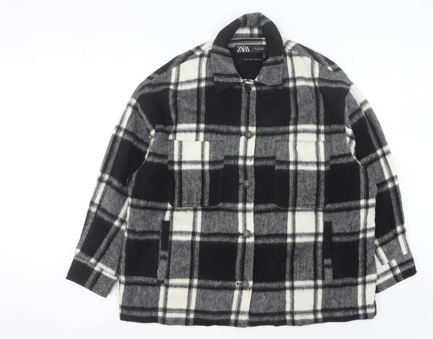 Zara Women’s Black Check Mid-Length Jacket L Collared Button Autumn Winter