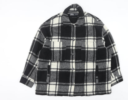 Zara Women’s Black Check Mid-Length Jacket L Collared Button Autumn Winter