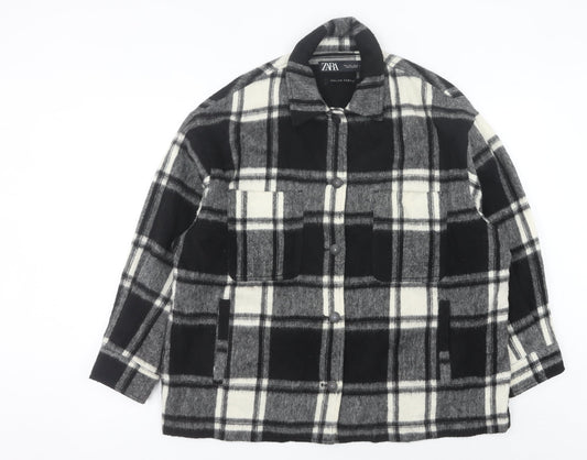 Zara Women’s Black Check Mid-Length Jacket L Collared Button Autumn Winter