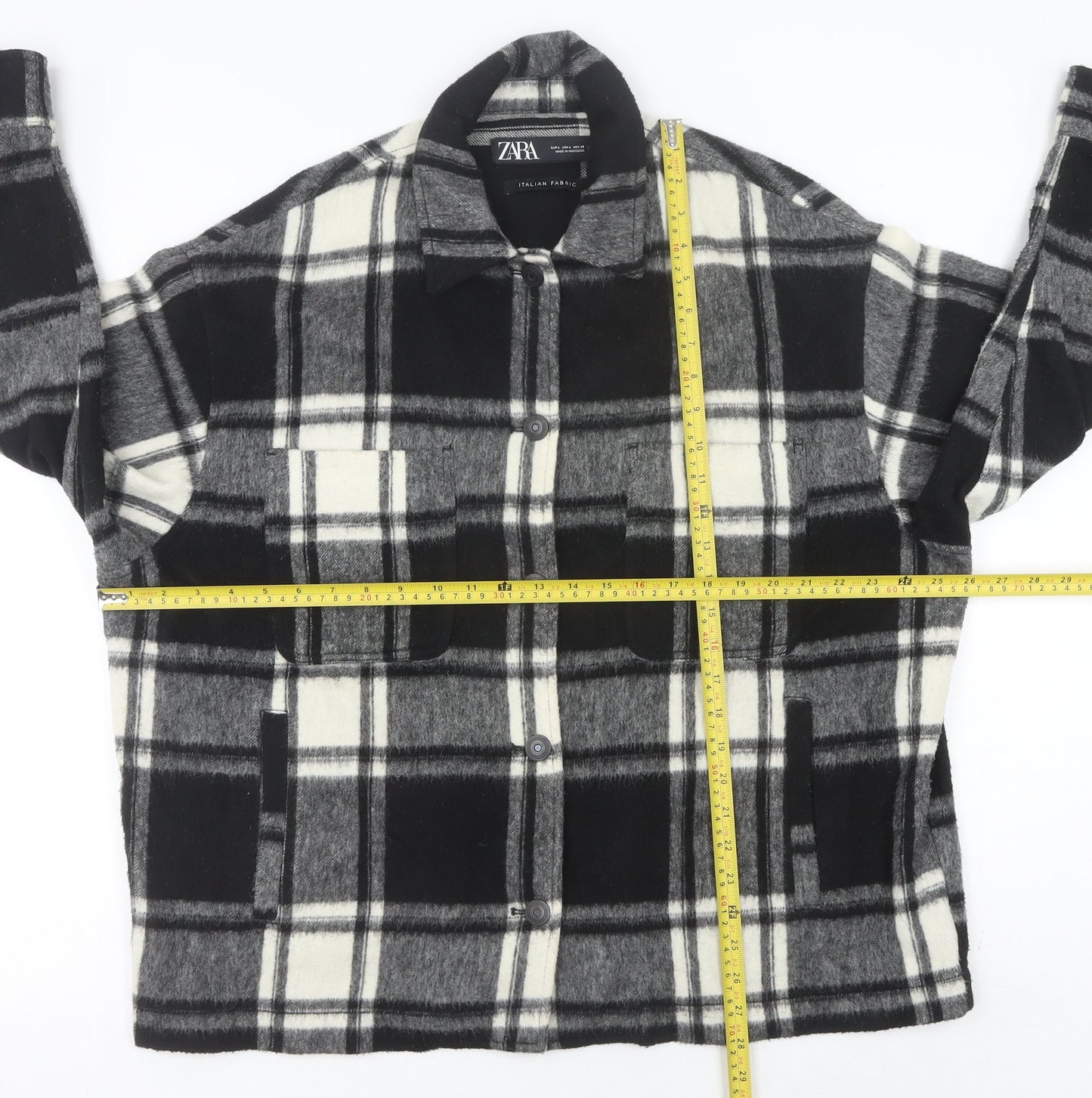 Zara Women’s Black Check Mid-Length Jacket L Collared Button Autumn Winter