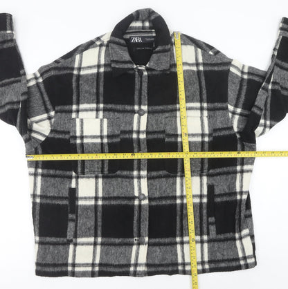 Zara Women’s Black Check Mid-Length Jacket L Collared Button Autumn Winter