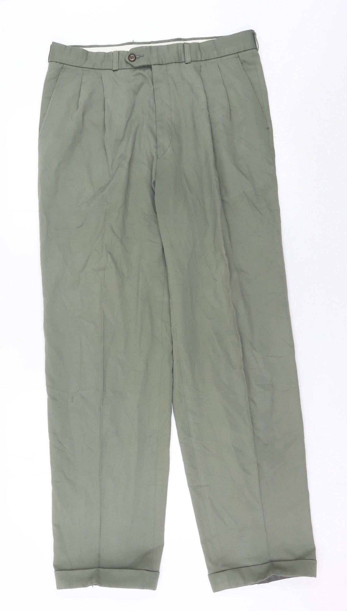 Marks and Spencer Men’s Green 34W 33L Pleated Straight Trousers