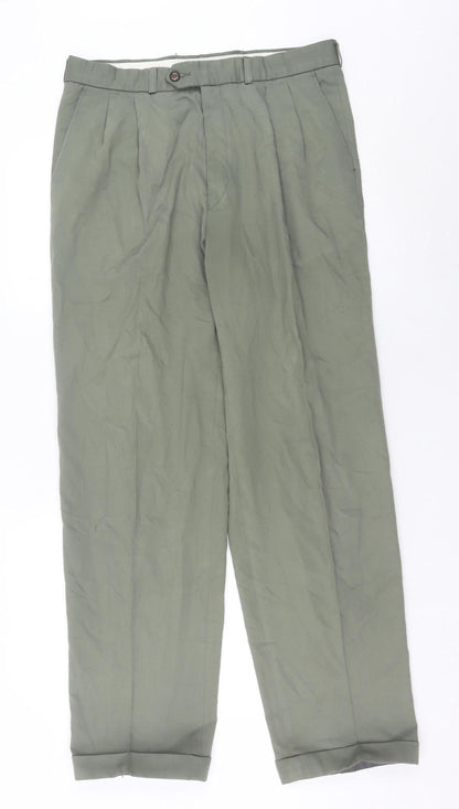 Marks and Spencer Men’s Green 34W 33L Pleated Straight Trousers