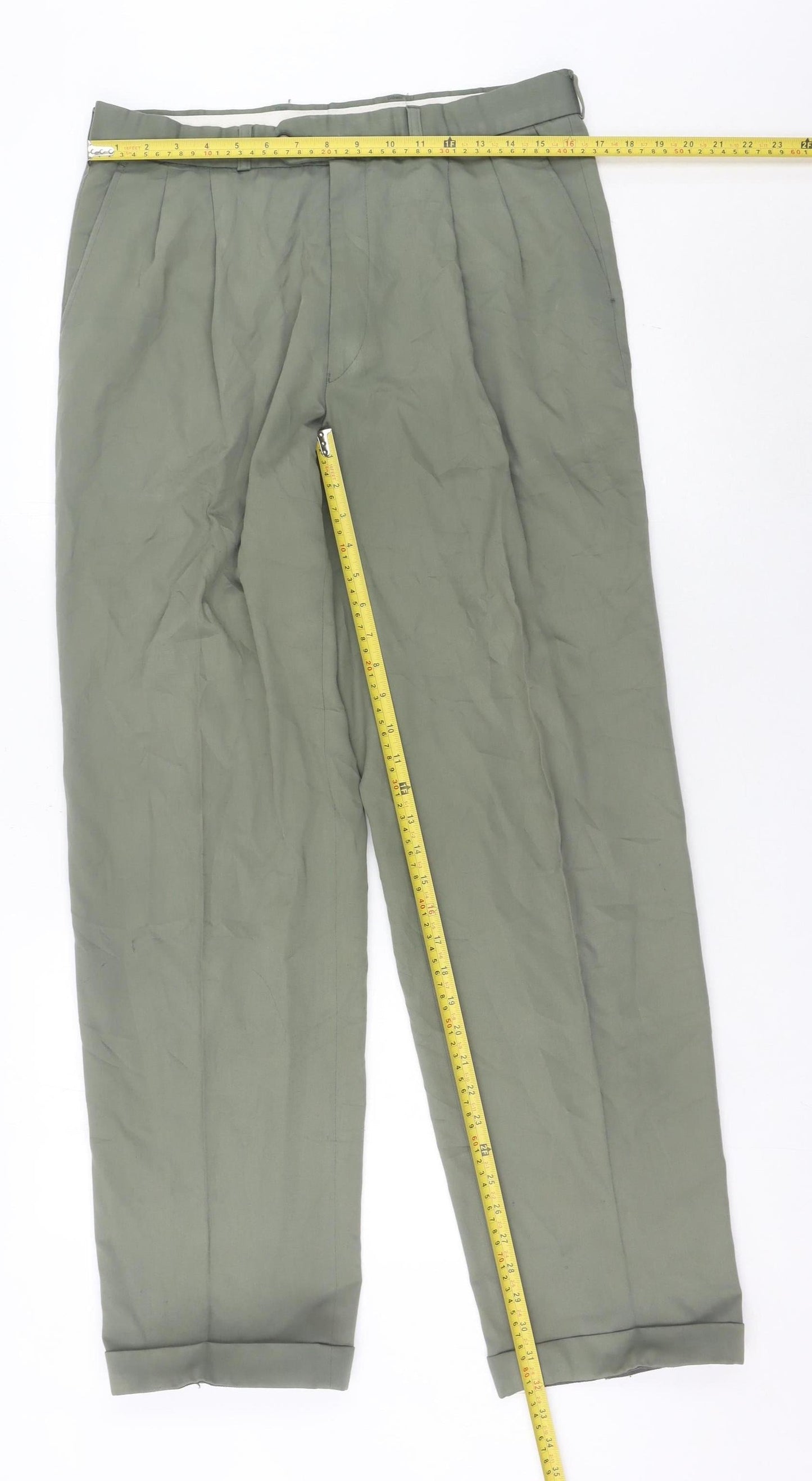 Marks and Spencer Men’s Green 34W 33L Pleated Straight Trousers