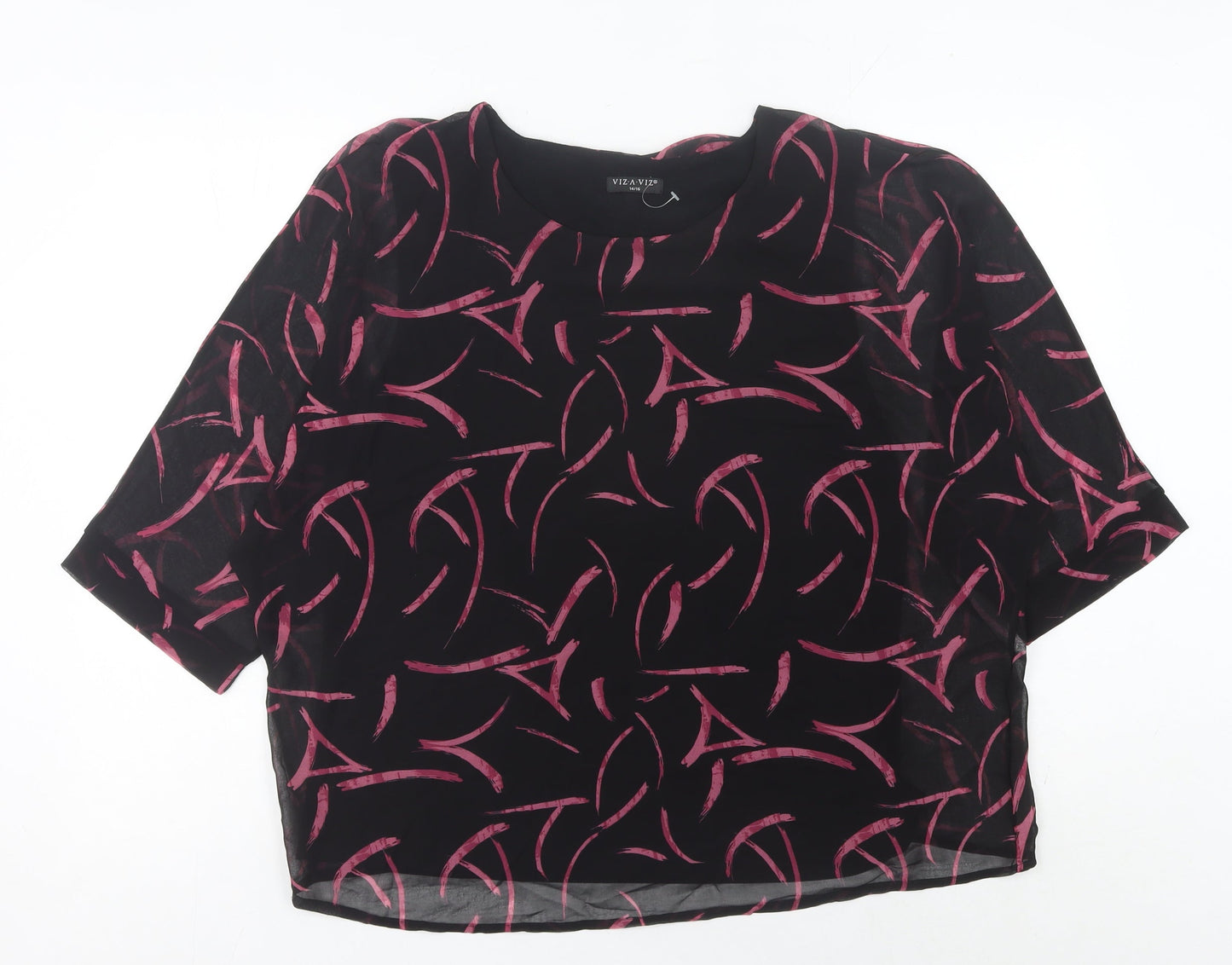 Viza Viz Women’s Black Pink Abstract Chiffon Blouse Size 14 3/4 Sleeve