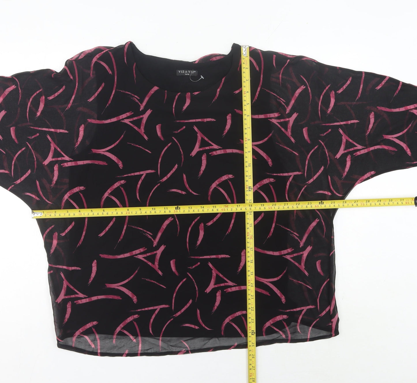 Viza Viz Women’s Black Pink Abstract Chiffon Blouse Size 14 3/4 Sleeve