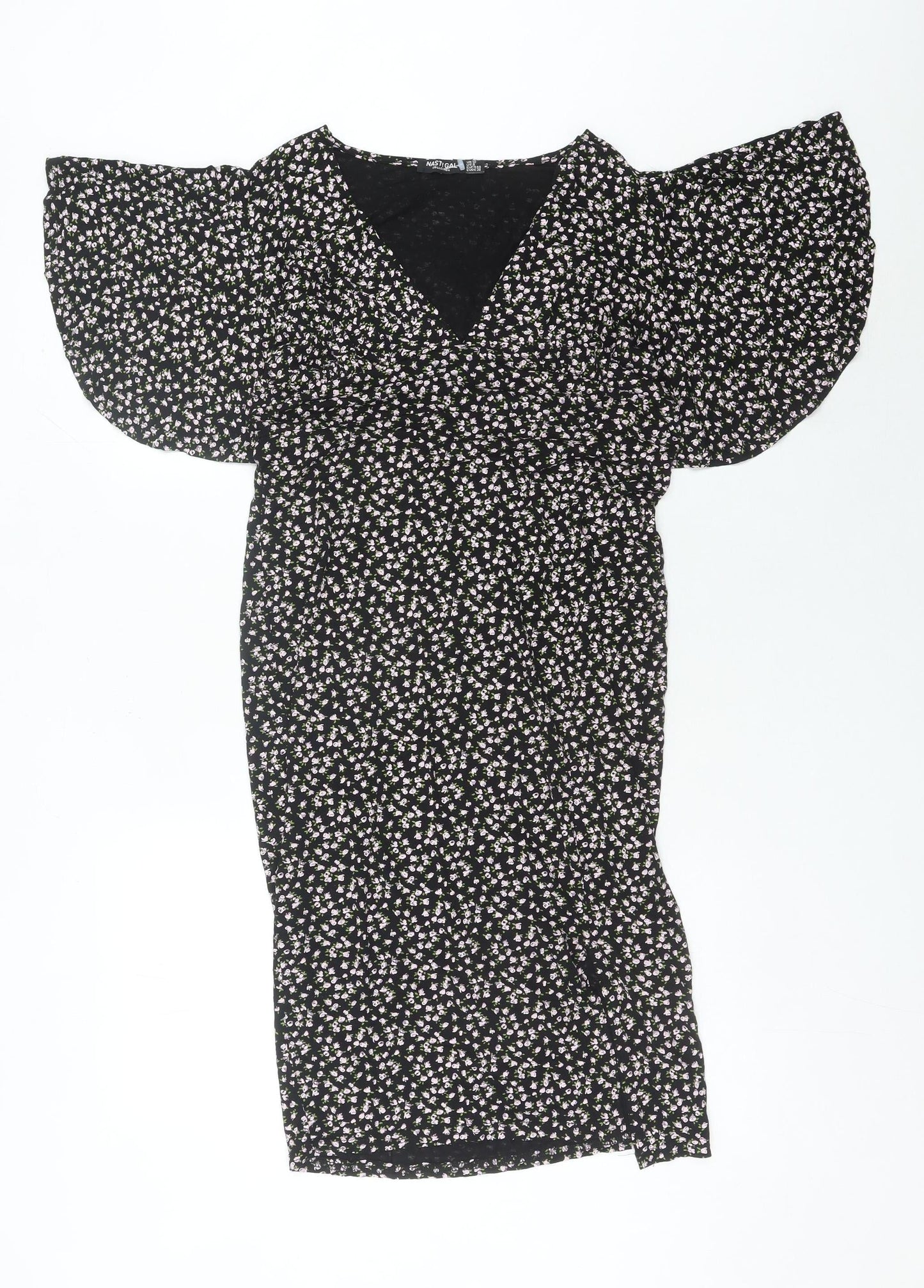 Nasty Gal Women’s Black Floral Midi Wrap Dress Size 12 V-Neck Flutter Sleeve