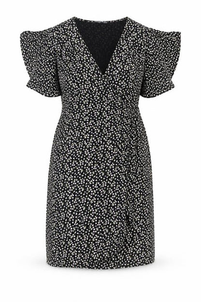 Nasty Gal Women’s Black Floral Midi Wrap Dress Size 12 V-Neck Flutter Sleeve