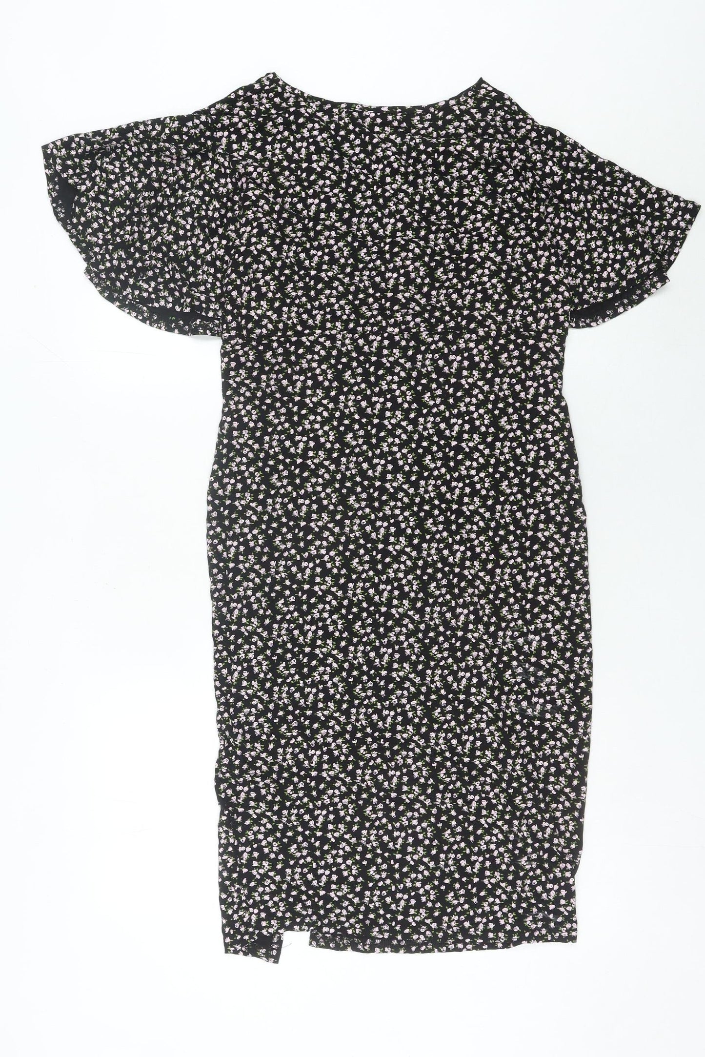 Nasty Gal Women’s Black Floral Midi Wrap Dress Size 12 V-Neck Flutter Sleeve