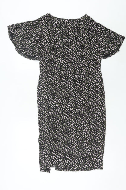 Nasty Gal Women’s Black Floral Midi Wrap Dress Size 12 V-Neck Flutter Sleeve