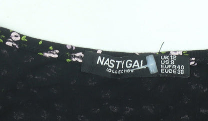 Nasty Gal Women’s Black Floral Midi Wrap Dress Size 12 V-Neck Flutter Sleeve