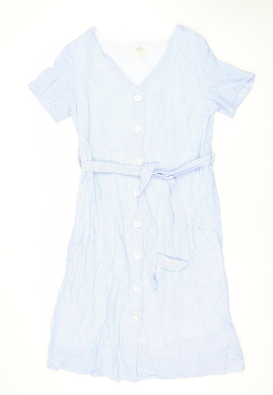 Mountain Warehouse Women Blue Size 10 Linen Cotton Belted Shirt Dress