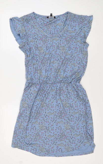 Next Womens Blue Floral Cotton Knee Length A-Line Dress Size 12