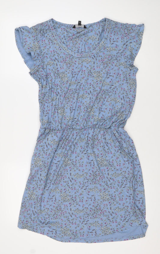 Next Womens Blue Floral Cotton Knee Length A-Line Dress Size 12