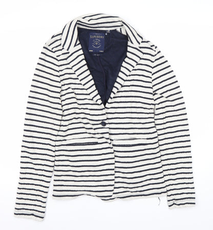 Superdry Women's White Striped Blazer Size S Notch Lapel Casual