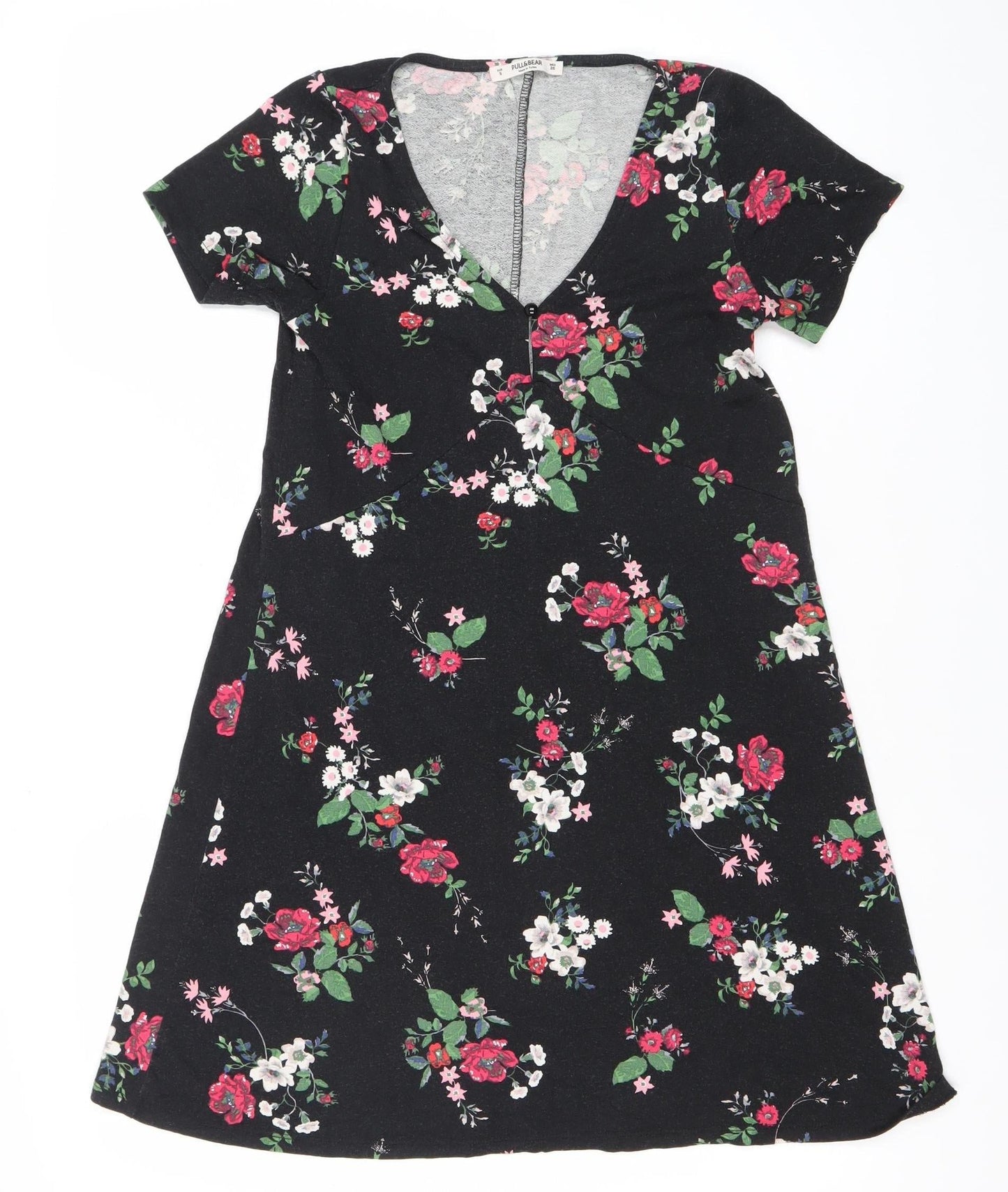 Pull&Bear Women’s Black Floral Bodycon Dress Size 8 Short Sleeve
