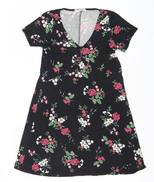 Pull&Bear Women’s Black Floral Bodycon Dress Size 8 Short Sleeve