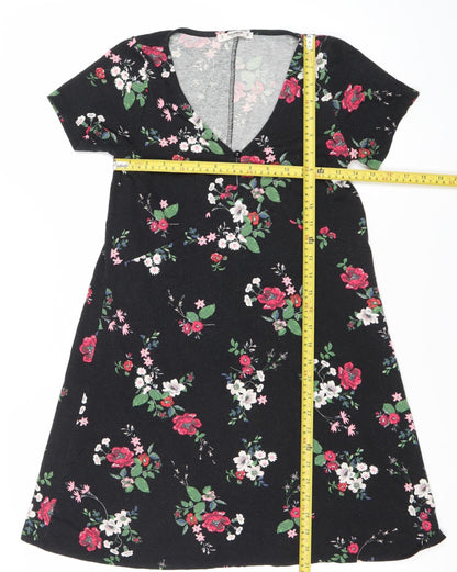 Pull&Bear Women’s Black Floral Bodycon Dress Size 8 Short Sleeve
