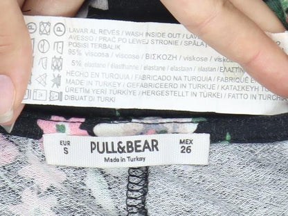 Pull&Bear Women’s Black Floral Bodycon Dress Size 8 Short Sleeve