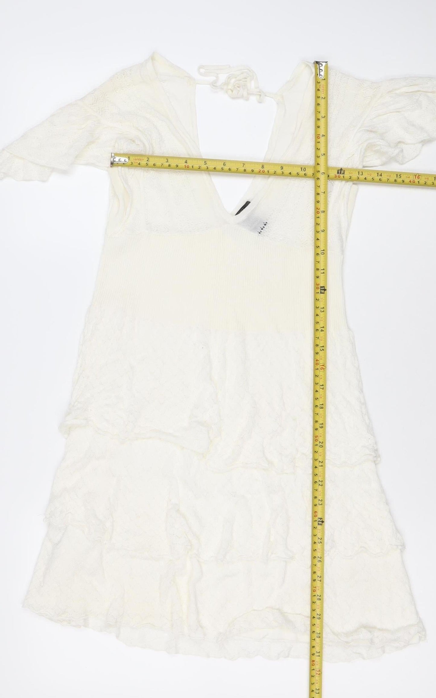 Xing Suit Women Ivory M A-Line Lace Knit Short Flutter Sleeve Dress