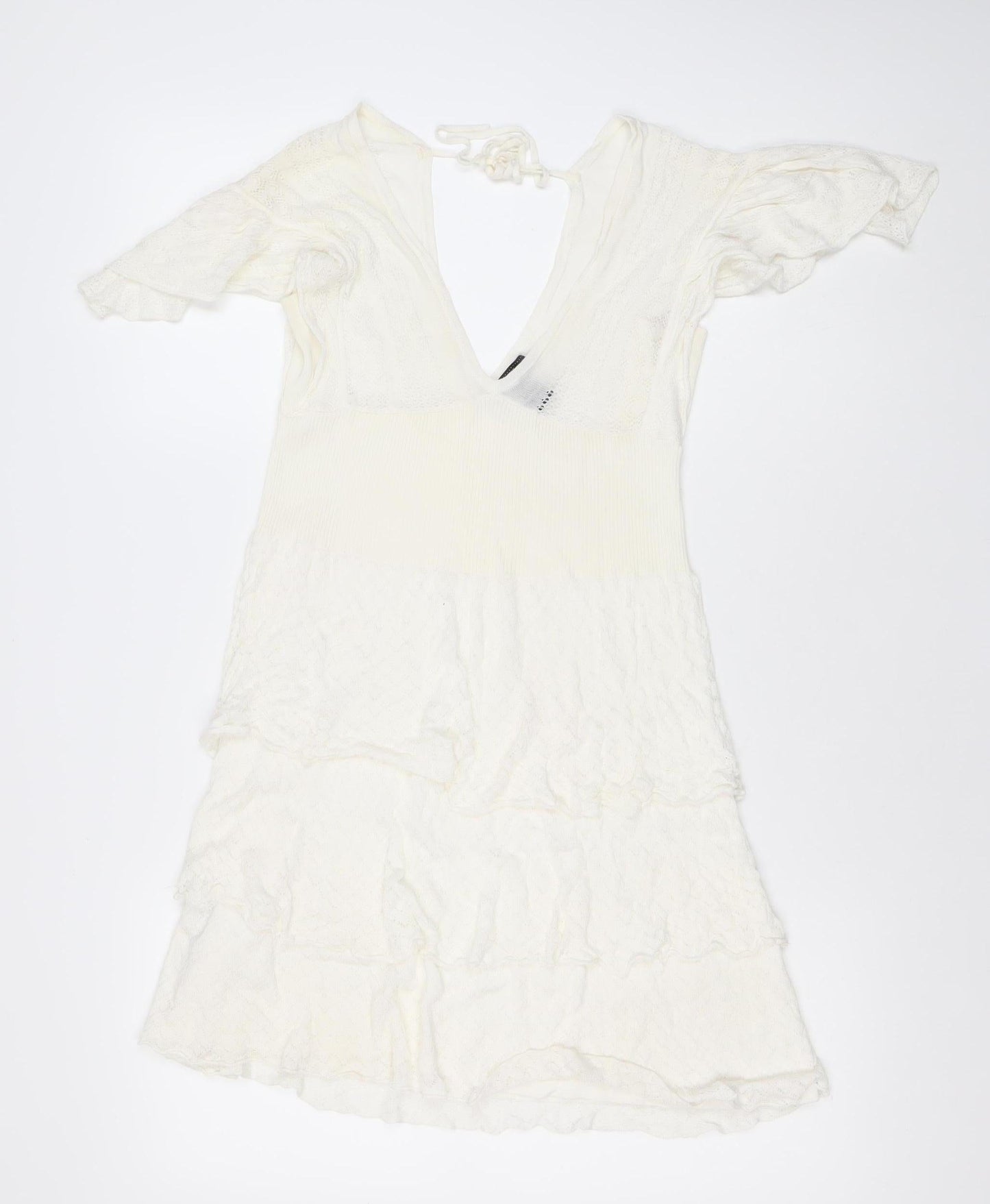 Xing Suit Women Ivory M A-Line Lace Knit Short Flutter Sleeve Dress