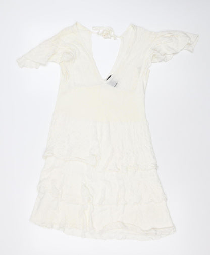 Xing Suit Women Ivory M A-Line Lace Knit Short Flutter Sleeve Dress