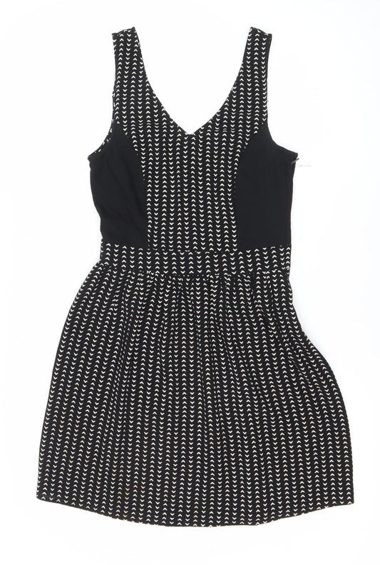 H&M Divided Women’s Black Geometric Fit & Flare Dress UK 6 Sleeveless