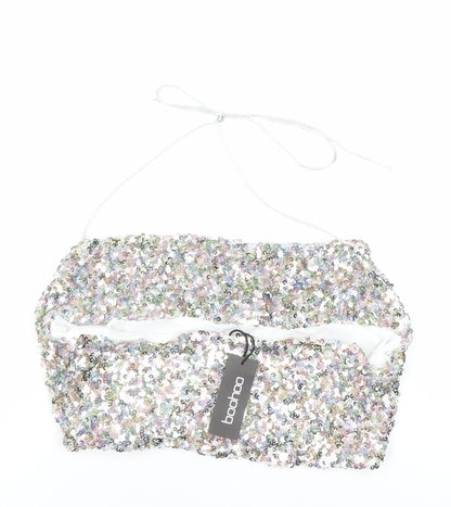 Boohoo Womens Multicoloured Sequin Halter Cropped Tank Top Size 8 Party