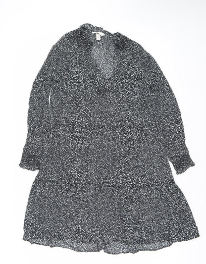 H&M Women Black Polka Dot XS Fit & Flare Long Sleeve Dress