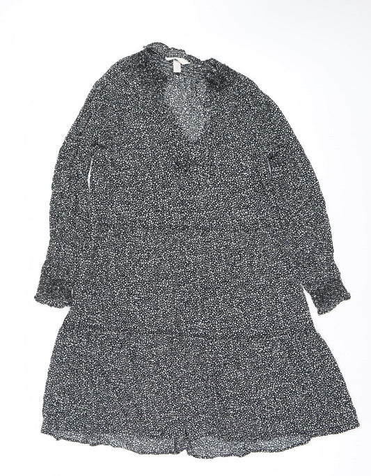 H&M Women Black Polka Dot XS Fit & Flare Long Sleeve Dress