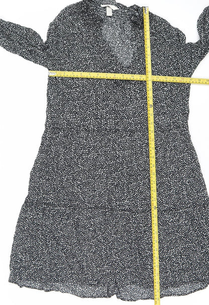 H&M Women Black Polka Dot XS Fit & Flare Long Sleeve Dress