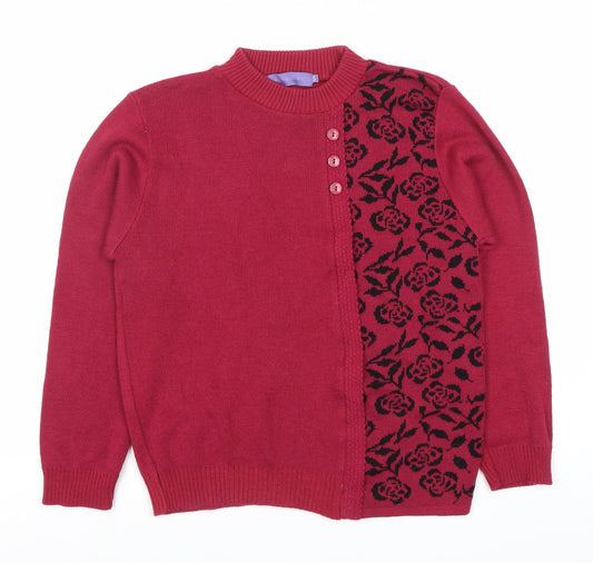 Autonomy Women's Red Floral Knit Crew Neck Long Sleeve Cardigan Size S