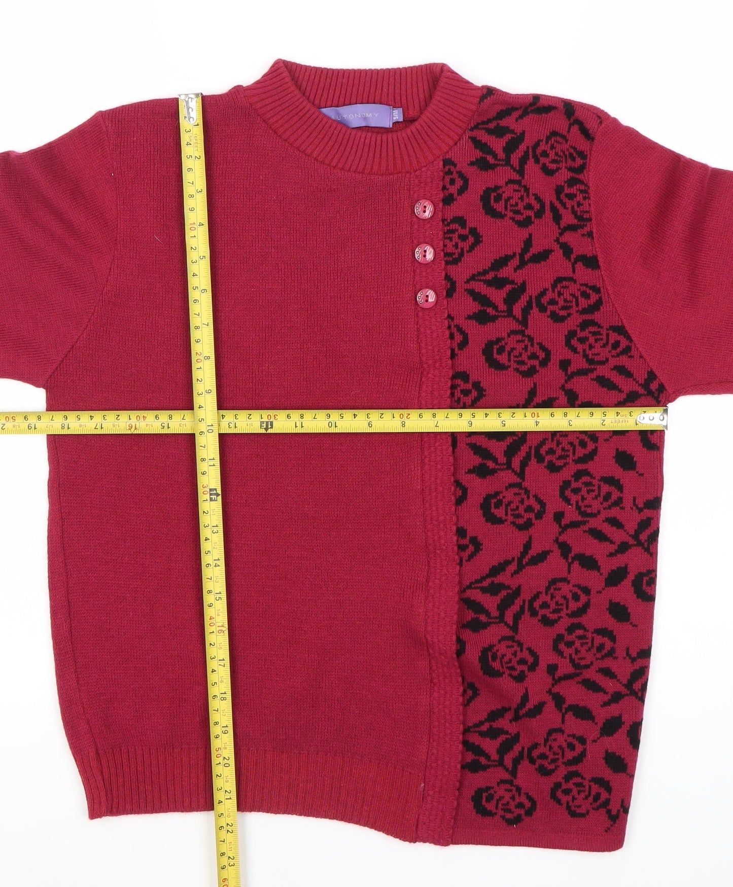 Autonomy Women's Red Floral Knit Crew Neck Long Sleeve Cardigan Size S