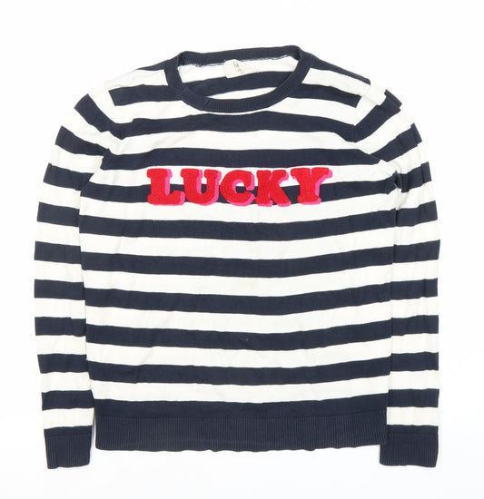 Hush Women’s Blue Striped Crew Neck Jumper S ‘Lucky’ Embroidered