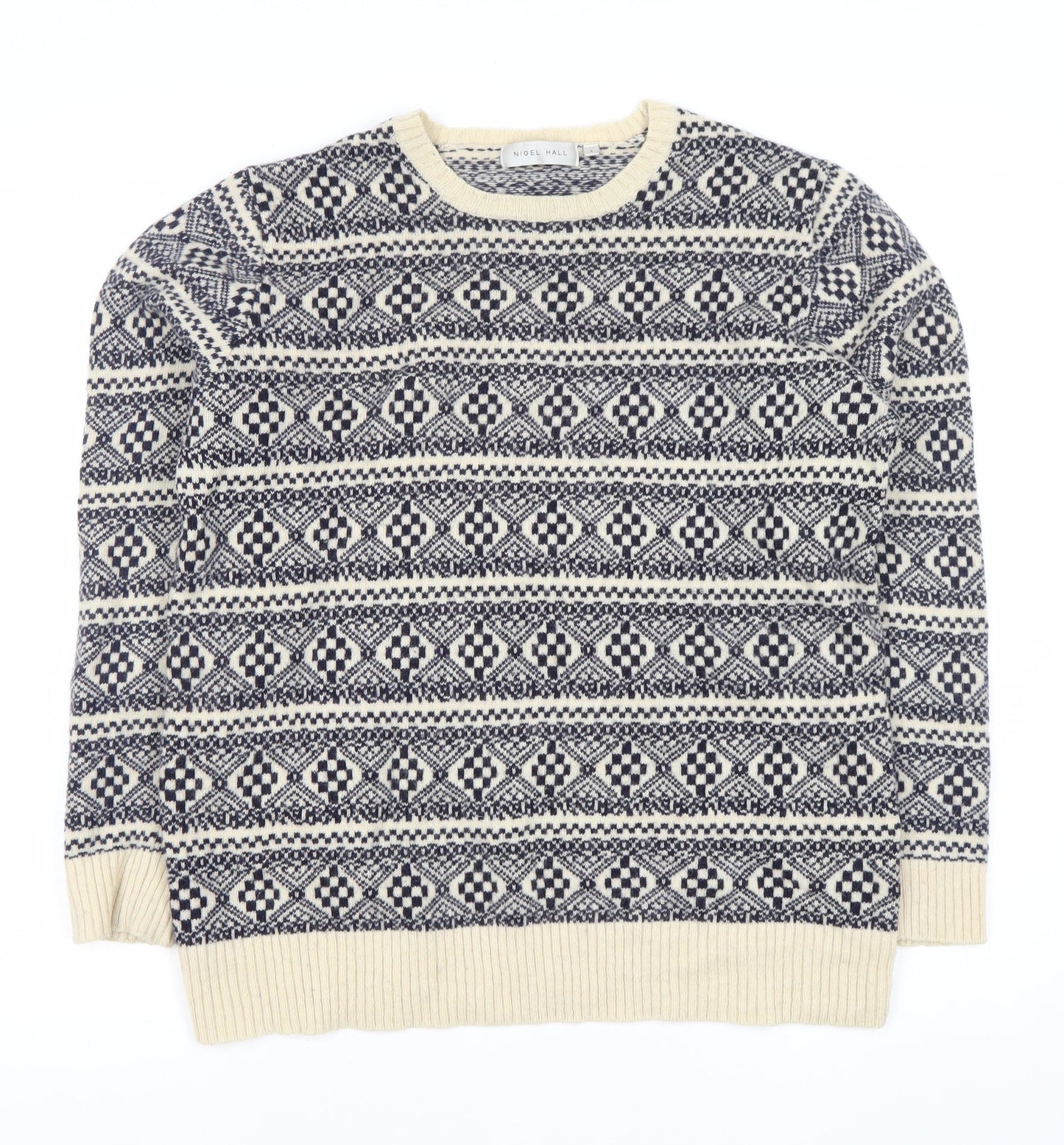 Nigel Hall Men's Blue Geometric Lambswool Jumper L Crew Neck Winter