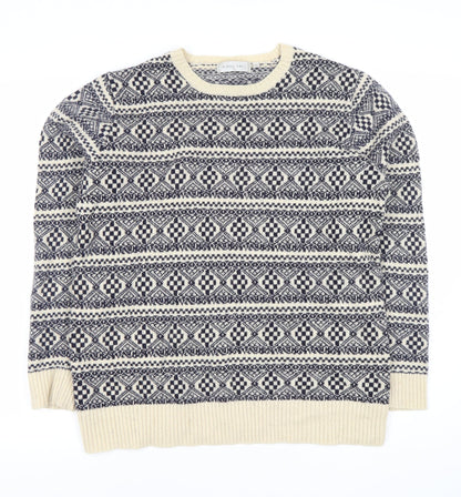 Nigel Hall Men's Blue Geometric Lambswool Jumper L Crew Neck Winter