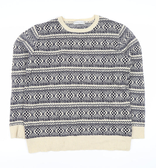 Nigel Hall Men's Blue Geometric Lambswool Jumper L Crew Neck Winter