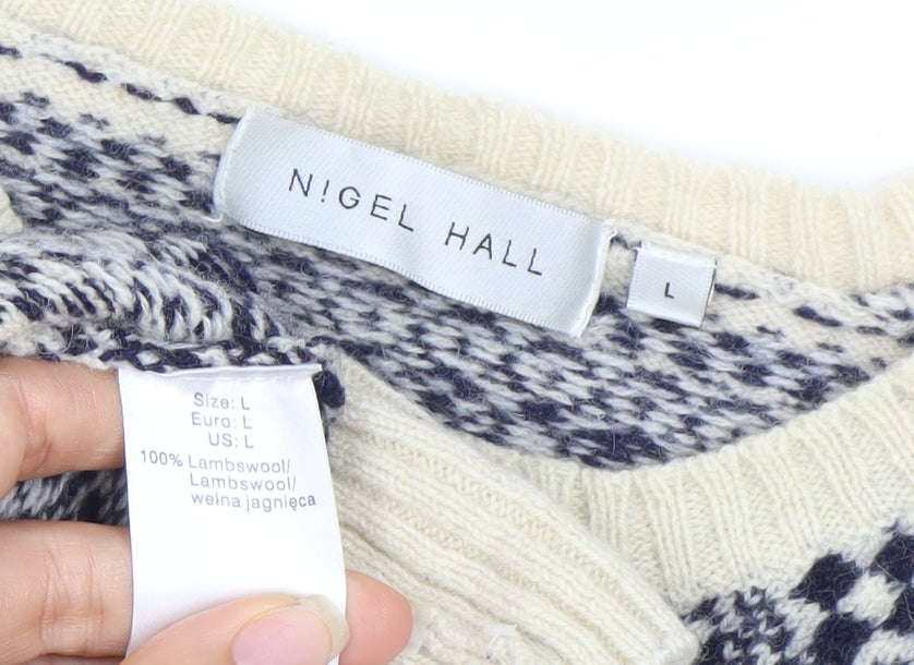 Nigel Hall Men's Blue Geometric Lambswool Jumper L Crew Neck Winter